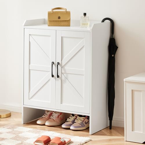 Mericonia 5-Layer Farmhouse Style Shoe Cabinet, Double Door Freestanding Shoe Rack, Adjustable Shelves, Metal Corner Decoration, Suitable for Entrance, Hallway, Corridor, White