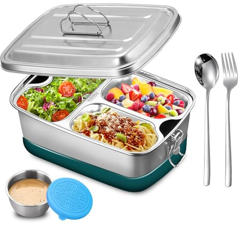 SUNOYA Doppelstöckige Edelstahl Brotdose 2000 Ml, 3-Fächer Bento Box Auslaufsichere Brotzeitdose, mit Löffel und Gabel, Auslaufsicher, Bpa-Frei, Spülmaschinenfest