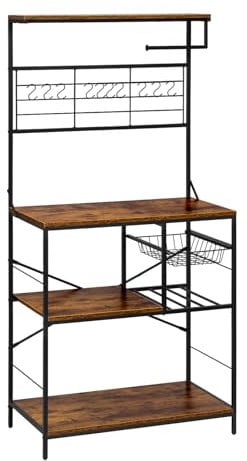 WOLTU Küchenregal mit 4 Ablagen und 10 S-Haken, Bäckerregal mit Küchenpapierhalter & Aufbewahrungskörbe, Mikrowellenhalter für Gewürze, Standregal Küche aus Metall & Holz, Rustikales Braun+Schwarz