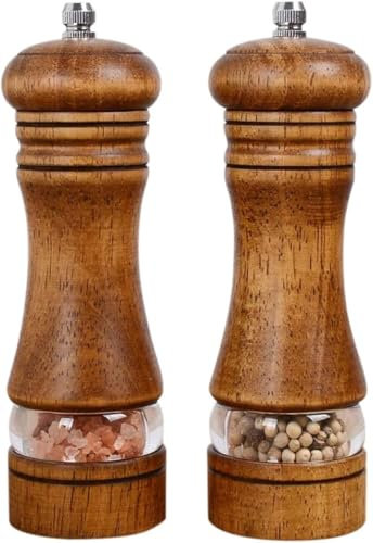 2PCS Wooden Salt and Pepper Mill Set, Adjustable Coarseness Grinder with Visible Window, Multipurpose Spice Mills for Kitchen