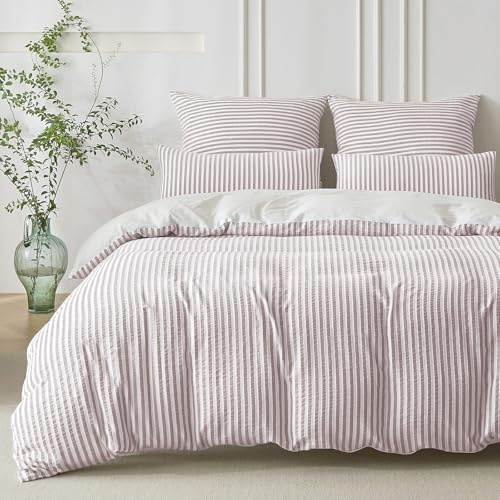 SOULFUL Housse de Couette 140x200 Coton - Jacquard Rayures - Brun Rose | Parure de Lit 1 Personne avec 1 Taie d'oreiller 65x65 cm - Design Bohème Jacquard Rayures - Fermeture Éclair