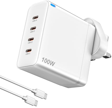 Bestwist 100W GaN Charger, 4-Port USB C Wall Charger with PD 3.0 | UK Plug | For MacBook Pro, Dell XPS Laptop, iPad, iPhone, Samsung Phone - White