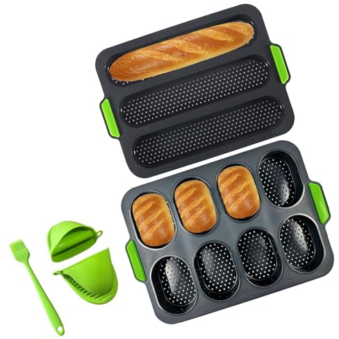 unbholkk Baguette Backform, 2 Stück Brotbackform Silikon, Baguetteblech Brötchen Backform, Backformen mit 2 Isolationshandclip+Ölpinsel(Grün)