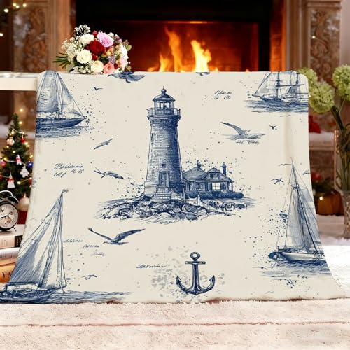 Warme Flanelldecke Kuscheldecke 150x200 cm Retro Maritim Leuchtturm Sherpa Schafdecke Comfort Luxuriöse Flauschige Fleecedecke Beige Weiche Deko Decke für Couch und Bett Geschenkdecke