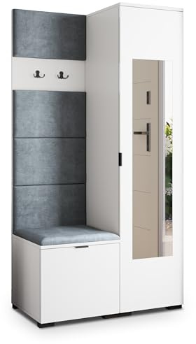 Masseno Flugarderoben Set VIRA, Kleiderschrank-Set mit Spiegel und Sitzbank, Garderobenschrank Flur mit 3 Regalböden, Weiß
