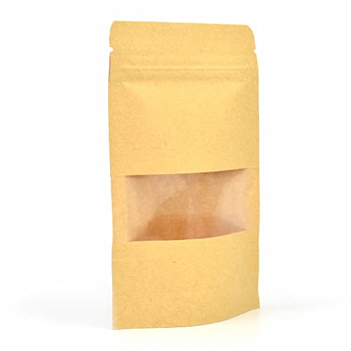 Evergreen Goods Kraft Paper ZipLock Pouch Bags 90x140mm | 10pcs | Brown, Self-Standing, Sealable Window, Heat Resealable, Reusable | Tea, Coffee Beans, Seeds, Dried Fruits - Small Business