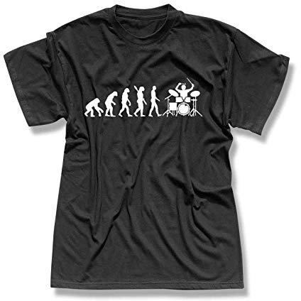 T-Shirt Evolution Drummer Schlagzeug Tama Pearl Gretsch Evo Yamaha Ludwig Roland Remo Band Musik Musiker 13 Farben Herren XS-5XL, Größe:XL, Farbe:schwarz - Logo Weiss