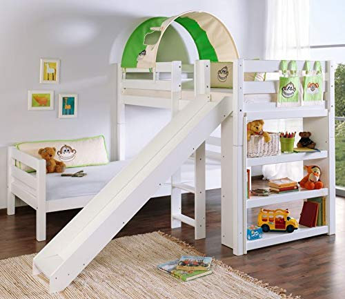 Froschkönig24 Etagenbett mit Rutsche Beni L Kinderbett Spielbett Bett Weiß Stoff Dschungel, Matratzen Oben/unten:ohne
