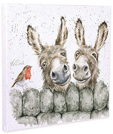 Wrendale Leinwand klein, Aufdruck Eselpaar&Rotkehlchen, HEE-Haw, 20x20 cm