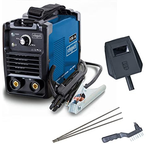Scheppach WSE1000 Inverter MMA Schweissgerät | 230V | 10-130A | Lüfterkühlung & Überhitzungsschutz | Anti Hafttechnik | Auto-Heißstart | inkl. Schweißschirm Drahtbürste, Hammer, Elektroden & Tragegurt