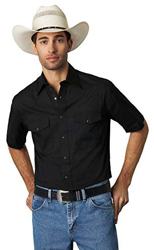 Wrangler Men's Sport Western Basic Two Pocket Short Sleeve Snap Shirt, Black, XL