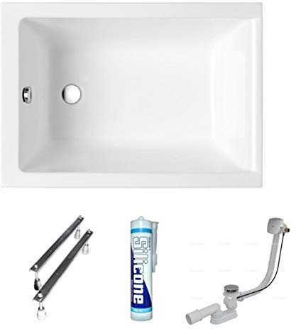 ECOLAM® Badewanne Capri Mini Polimat kleine Wanne Rechteck Acryl weiß 120x70 cm + Ablaufgarnitur Ab- und Überlauf Automatik Füße Silikon