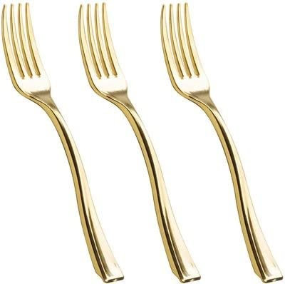 Tenedor de plástico de 9,8 cm, cuchara de postre de oro rosa metalizada, mini Spork de postre dorado (mini tenedor de oro 24 piezas)