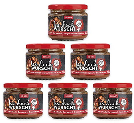 Iss Doch Wurscht Currywurst-Snack Scharf 6er | Einfach kurz erwärmen und genießen | Saftige Rostbratwurst in einer lecker-würzigen Soße | Natürlich konserviert und ungekühlt haltbar [250g]