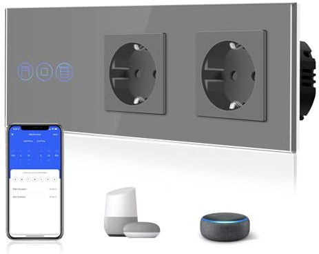 BSEED Normal Doppelt Steckdose mit Smart Alexa Rollenschalter (Vorhang nicht) Glas Wifi Touch Schalter (Neutrale Leitung benötigt), Kompatibel mit Tuya/Google Home/SAMRT LIFE Grau
