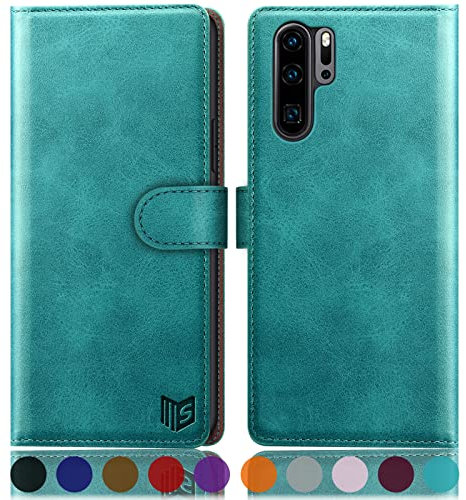SUANPOT [RFID Schutz für Huawei P30 Pro Hülle PU Leder Handyhülle Lederhülle Klapphülle Kartenfach Flip Cover für Huawei P30 Pro Handy hülle Leather Wallet Phone Case Blau Grün