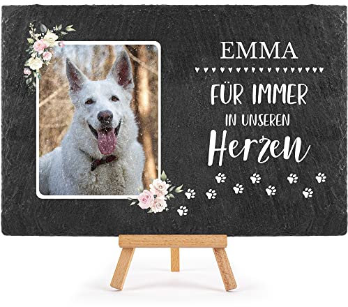 PfotenSchild Schieferplatte Gedenktafel für Hund & Katze - mit Foto und Name Bedrucken - Für Immer in unseren Herzen - Tiergrabstein, wetterfest - Schiefertafel 20x30cm I personalisiert