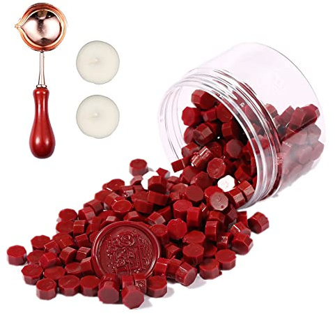 Comealltime 248 Stück Siegelwachs Set, Achteckige Siegelwachsperlen mit 2 Teelichtern & 1 Schmelzlöffel, Siegellack für Wachssiegel StempelDarkred)