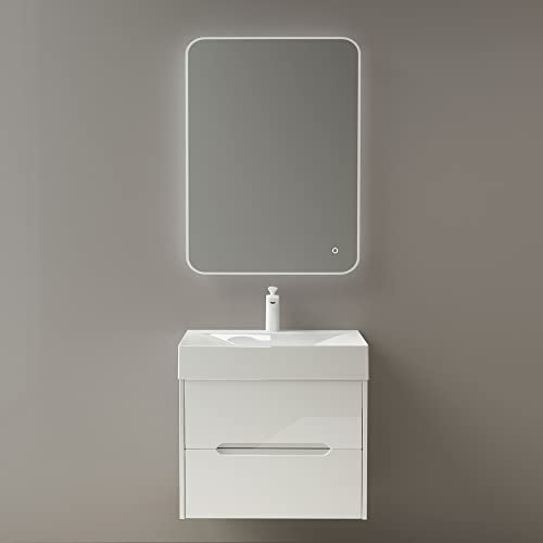 Mai & Mai Meuble de Salle de Bain Suspendu 80x56x48cm avec 2 Tiroirs et Lavabo et Miroir Meuble sous Lavabo Blanc Yoga-Lackier