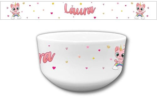 Bol enfant personnalisable – Ajoutez le prénom | Cadeau original | 720mL | Plusieurs motifs | Céramique (Chaton rose)