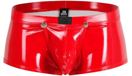 Herren Leder Boxershorts Lack glänzend Optik, Wetlook sexy Unterwäsche, Reizwäsche für Männer, Clubwear Jockstraps mit offenem Schritt Ouvert Shorts Pants (as3, alpha, m, regular, regular, Rot)
