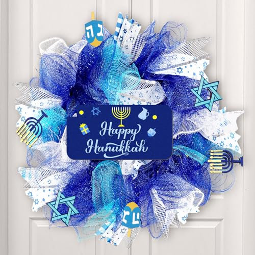 Lyrow 16 Inch Happy Hanukkah Wreath Christmas Front Door Wreath Decoration Winter Mesh Door Wreath Blue White Farmhouse Chanukah Wreath with Menorah Star of David for Holiday Party Decorations
