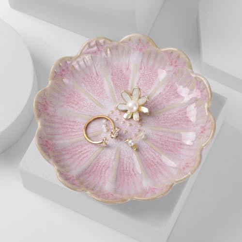 ALXBSONE Plato de joyería con forma de hoja de loto, soporte para anillos, bandeja para llaves, plato decorativo de cerámica (pétalos, rosa)