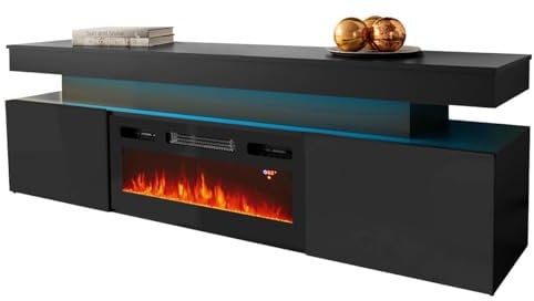 Mirjan24 TV Schrank Serkuzo EF 2D mit Elektrischem Kamin, Praktischer Fernsehschrank, TV Lowboard mit Grifflose Öffnen, Realistische LED-Flamme, Deko-Kristallen (Schwarz/Schwarz Hochglanz)