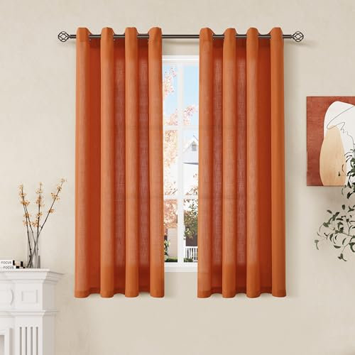 Aersas Lot de 2 panneaux de rideaux semi-transparents en lin à œillets pour cuisine, café, salle de bain, style ferme, style bohème, couleur rouille, 132 x 137 cm, orange brûlé