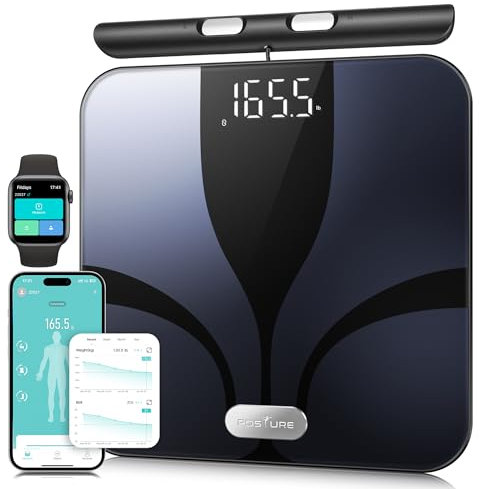 Posture Báscula para peso corporal y porcentaje de grasa, 8 electrodos, báscula digital de plataforma más grande para medición de composición corporal IMC 28, báscula inteligente de baño con pantalla