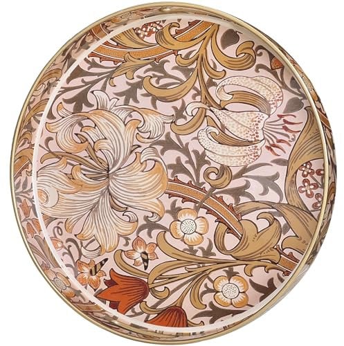Simmer Stone Round Decorative Tray, Marbling Plastic with Handles, Modern Vanity nd Serving for Ottoman, Coffee Table, Kitchen and Bathroom, Size 13 INCH (Flower Vine Style Yellow)