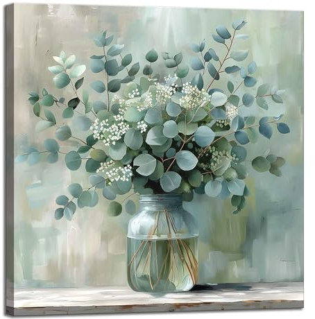 Eukalyptus-Glasvase, Leinwand, Wanddekoration, Badezimmerdekoration, Landhausstil, Wanddekoration, klassische Kunstwerke, grüne botanische Schilder, Drucke für Badezimmer, Schlafzimmer