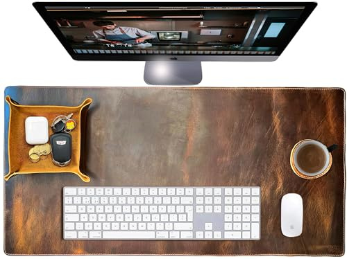 Leather Desk Mat Desk Pad - Full Grain (32x16) Leather Desk Cover Blotter & Protector - Large Computer Keyboard Gaming Table Mat - Desktop Accessories Mouse Pad for Laptop, Office & Home