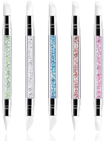 Wosyoodo 5 pcs Silicone Nail Sculpture Pen, Pinceles de Silicona de Doble Cabeza Nail, Herramientas de Dibujo Conjunto para Gel de Uñas con Mango de Diamantes de Imitación
