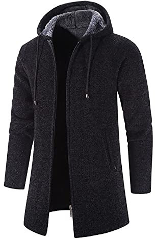 Trench Coat Men Long Winter Fleece Lined Jacket with Hood Oversized Hoodies Solid Color Windbreaker Warm Hooded Overcoat Hoody Longline Outdoor Windproof Outerwear with Pockets