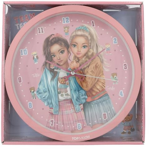 Depesche 13228 TOPModel Team Teddy - Wanduhr in Rosa für Kinder, mit Model-Motiv und Teddy, lautlose Uhr, inklusive Batterie