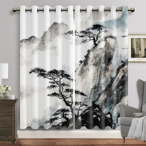 IKDZCM Rideaux d'ombrage Traditionnels à l'encre de Paysage Japonais, Rideaux Classiques pour Salon, Chambre à Coucher, décoration de fenêtre de Chambre, 2 Panneaux WxH/2x250x260cm Rideau Dressing