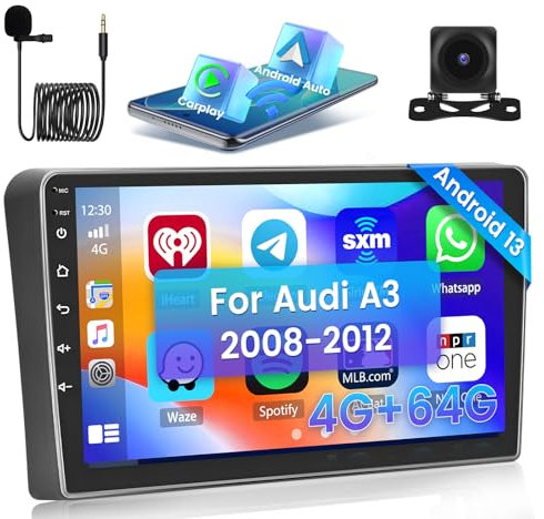 Hikity [4+64GB] Android 15 Radio Wireless Carplay Android Auto per Audi A3 2008-2012 con Touch Screen da 9 Pollici Navi GPS Mirror Link HiFi Bluetooth Backup Camera