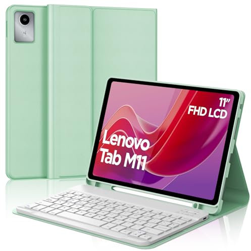 WAVATA Funda con Teclado para Lenovo Tab M11 2024, Español Ñ Tecla para Tab M11'' - Teclado Inalámbrico Bluetooth para Lenovo Tab M11 de 11 Pulgadas (TB330FU/TB330XU)- Verde Claro