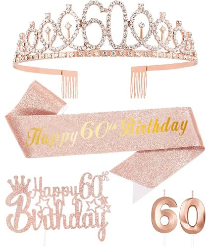 FUNCANDLE Rose Gold 60th Birthday Party Supplies Set -Rose Gold Cake Topper, Tiara Crown, Sash & Rosegold Candle for Girls Women Party Decorations Idea