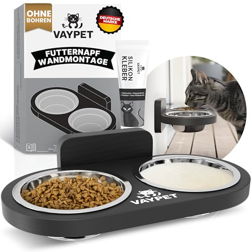 VAYPET® Doppel-Katzennapf erhöht inkl. Silikonkleber zur Befestigung an der Wand ohne Bohren I Schwebend montierbarer Futternapf Katze für Bequeme Haltung I Langlebiger Edelstahl Fressnapf Katze