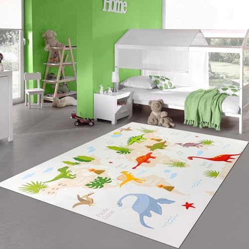 Teppich-Traum Teppich Rund Kinderzimmer Dino-Landschaft mit Pflanzen und Kontinenten rutschfest flachgewebe maschinenwaschbar schadstofffrei Lernteppich Beige 160 cm Rund