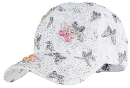 Meliyya Baseball Cap Strass Schmetterling Baseballkappe Sommer Spitze Schildkappe Herren Damen Einheitsgröße Verstellbar, Weiß