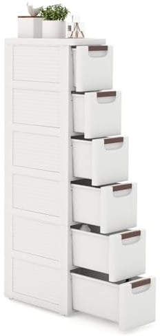 GOPLUS Nischenschrank schmal, Badschrank klein mit Schubladen & Rollen, Toilettenschrank für Toilettenpapier, Nischenwagen Nischenregal Apothekerschrank Badezimmerschrank (mit 6 Schubladen)