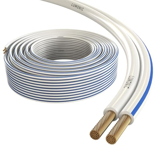 Lumonic Lautsprecherkabel | 50m Weiß | 2x 0,5mm² CCA | blaue Markierung HiFi Boxenkabel | Audio Zwillingsleitung