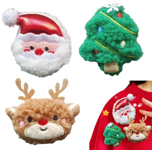 GHPKOTW 3 Weihnachts-Broschen Set, Weihnachtsmann, Weihnachtsbaum, Rentier, Niedliche Cartoon Broschen, Rot, Unisex, Für Kleidung, Tasche, Jacke, DIY Weihnachtsschmuck, Weihnachtsserie Pin