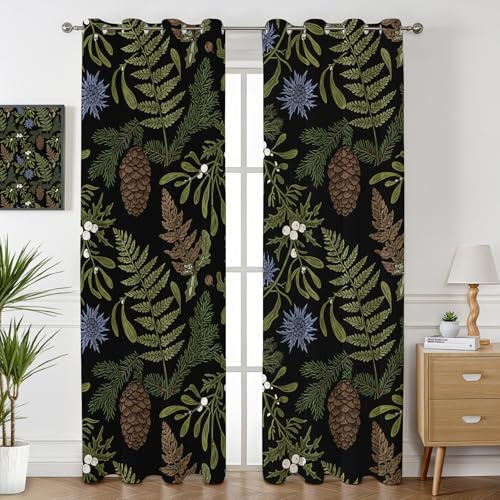 Havenix Winter Botanical Blackout Curtains for Bedroom Living Room, Fern and Pinecone Patterned Curtains 90x90, Thermal Insulated Eyelet Drapes for Windows, 2 Panels