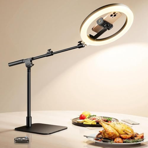 Overhead Stativ Handy mit Ringlicht Schreibtisch – Stabil Ringlicht Tisch mit Stativ für Küche, Einstellbar Tischringlicht Ring Light Ringleuchte Ringlampe für Videoaufnahmen/Live-Streaming/Kochvideos