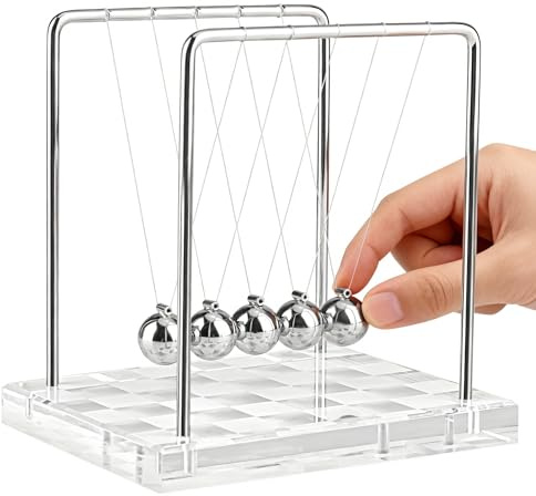 Newtons Cradle Balance Balls, Newton's Cradle Pendulum with Silver White Acrylic Base, Desk Office Decorations Science Physics Gadget, Kinetic Motion Gift for Office/Bedroom/Living Room (Medium)