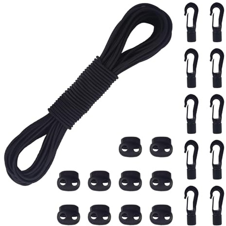 COEWUR 20M Cuerda Elástica Negra con 10 Cerradura 10Gancho para Lona Kayak | Cordon de Goma Elástico de Grosor 4mm Cordon Elástico Cuerda de Tensión con 10 Cerradura 10 Ganchos para Camping Mochila